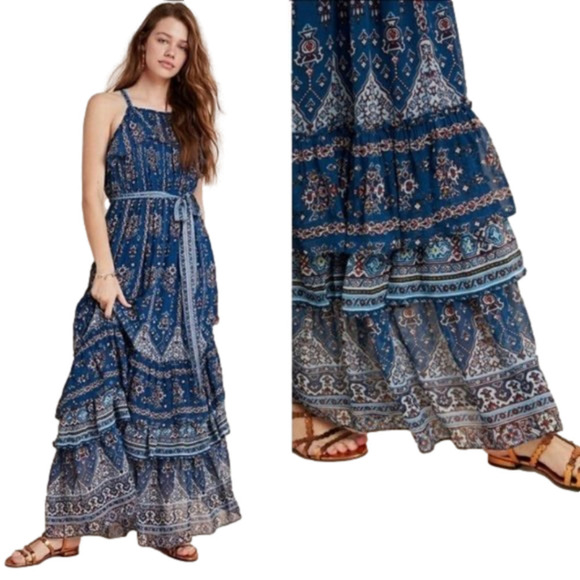 𝅺ANTHROPOLOGIES Sasha Ruffle Maxi Boho style Dress Size XS - Picture 1 of 9